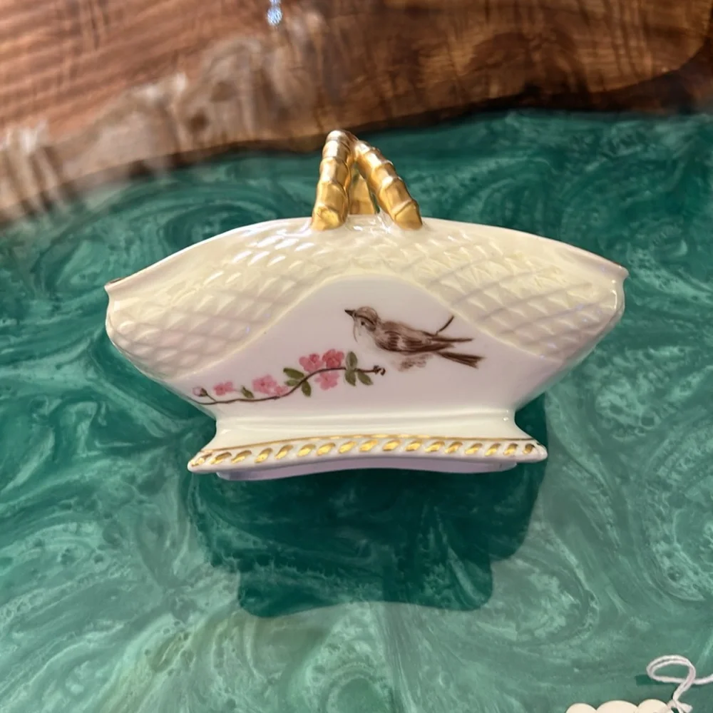 Charles Field Haviland Porcelain Basket, Floral and Bird Design with gol…